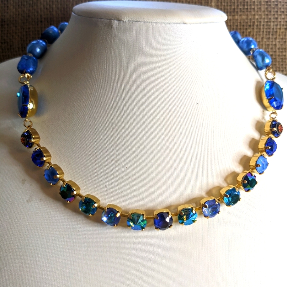 Dark Blue Metallic AB Crystal & Blue Baroque Pearl Statement Necklace
